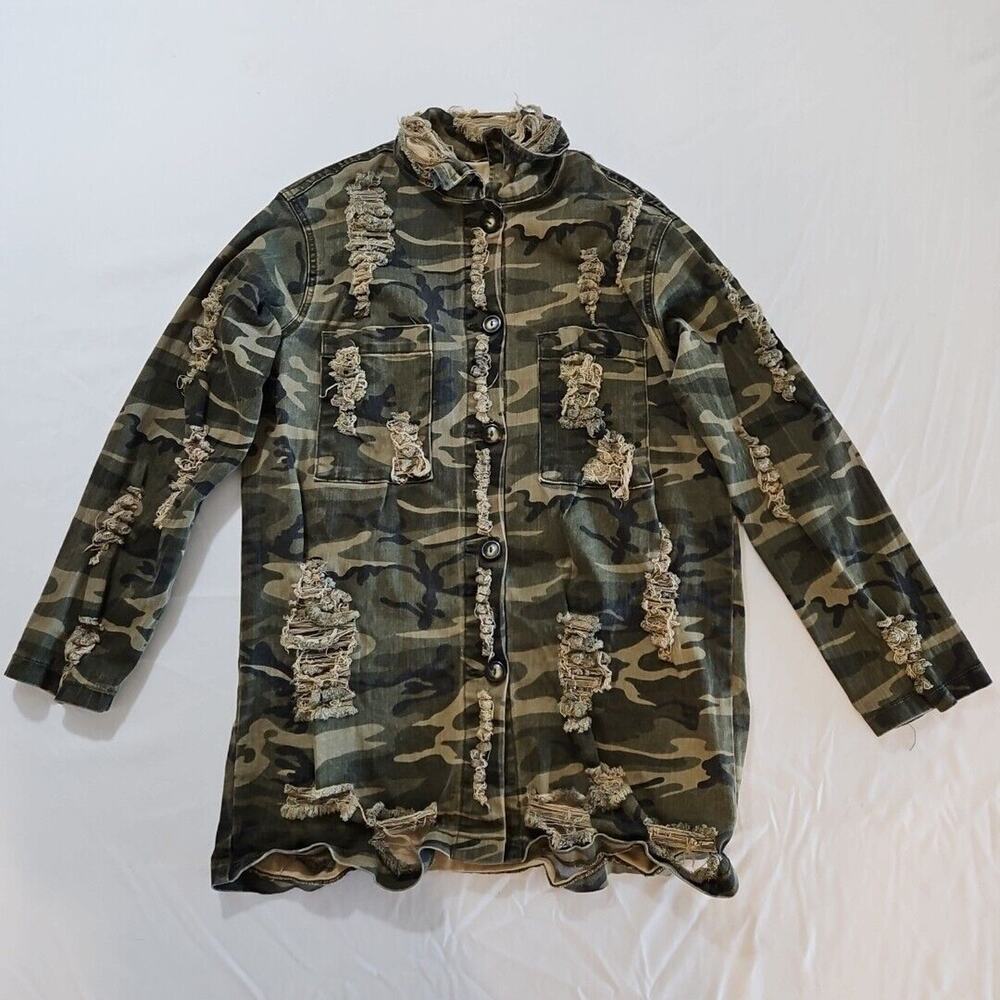 Fashion Nova Jacket Women Small Distressed Camo Camouflage Army Green